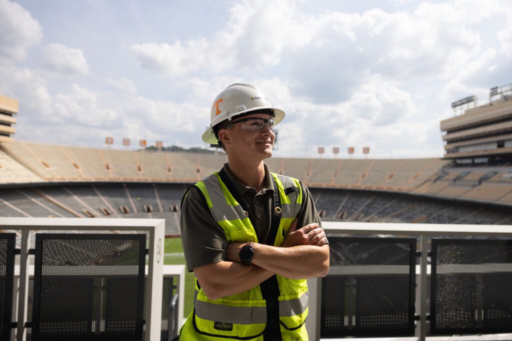 Construction science graduate in uniform in Neyland Stadium